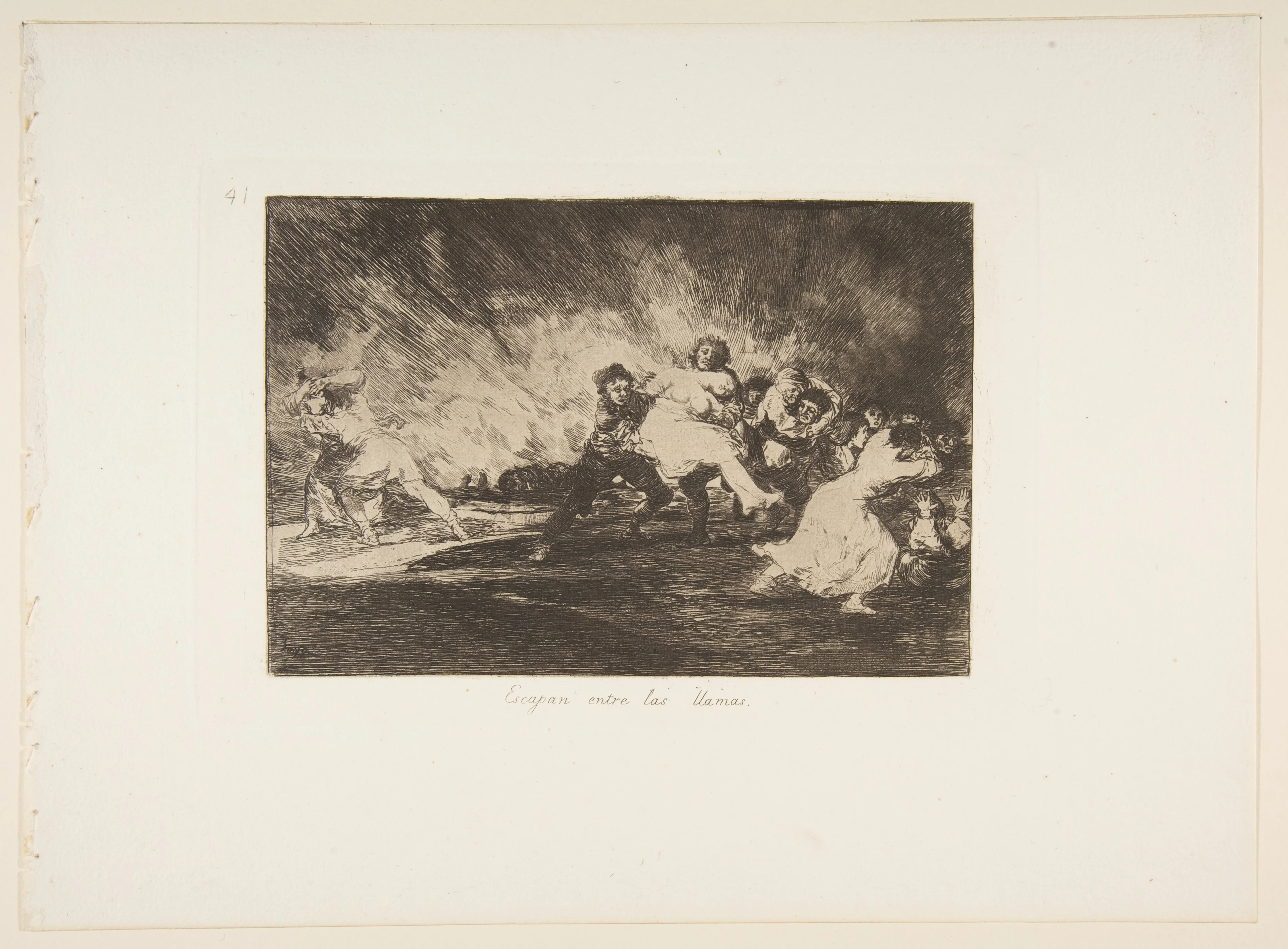 Plate 41 from "The Disasters of War" (Los Desastres de La Guerra): 'They escape through the flames' (Escapan entre las llamas)