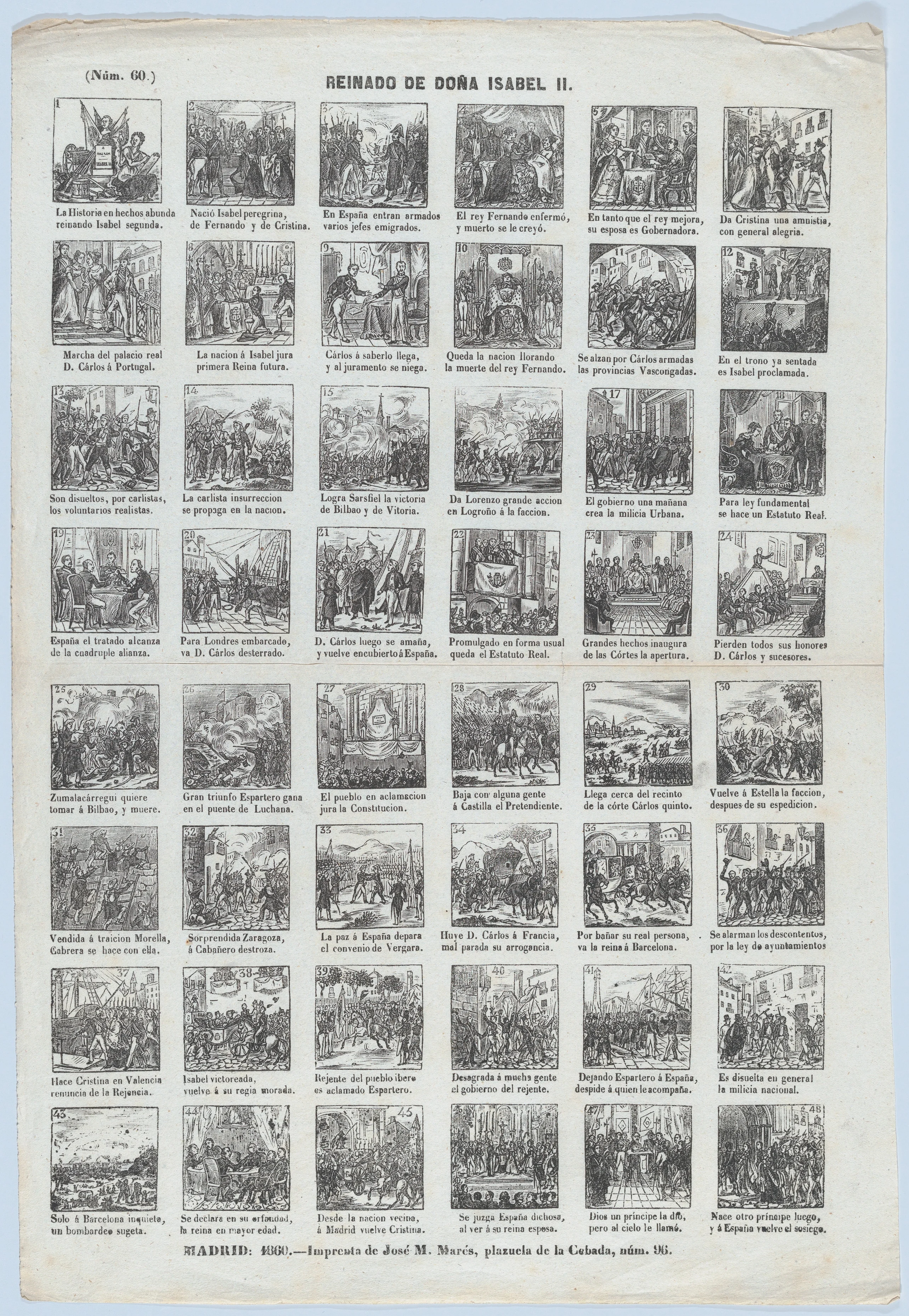 Broadside with 48 scenes relating to the reign of Queen Isabel II